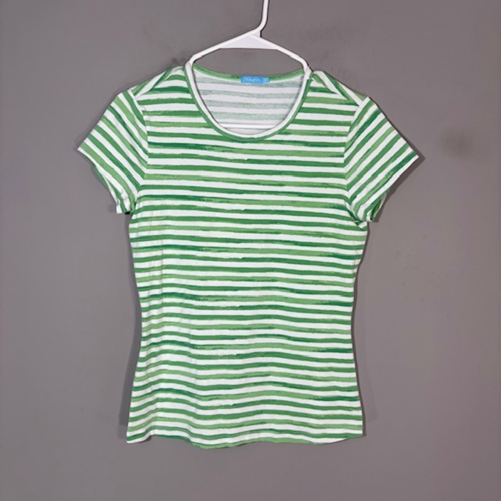 J. McLaughlin T-Shirt Womens Small Green White Stripe Crew Short Sleeve Top